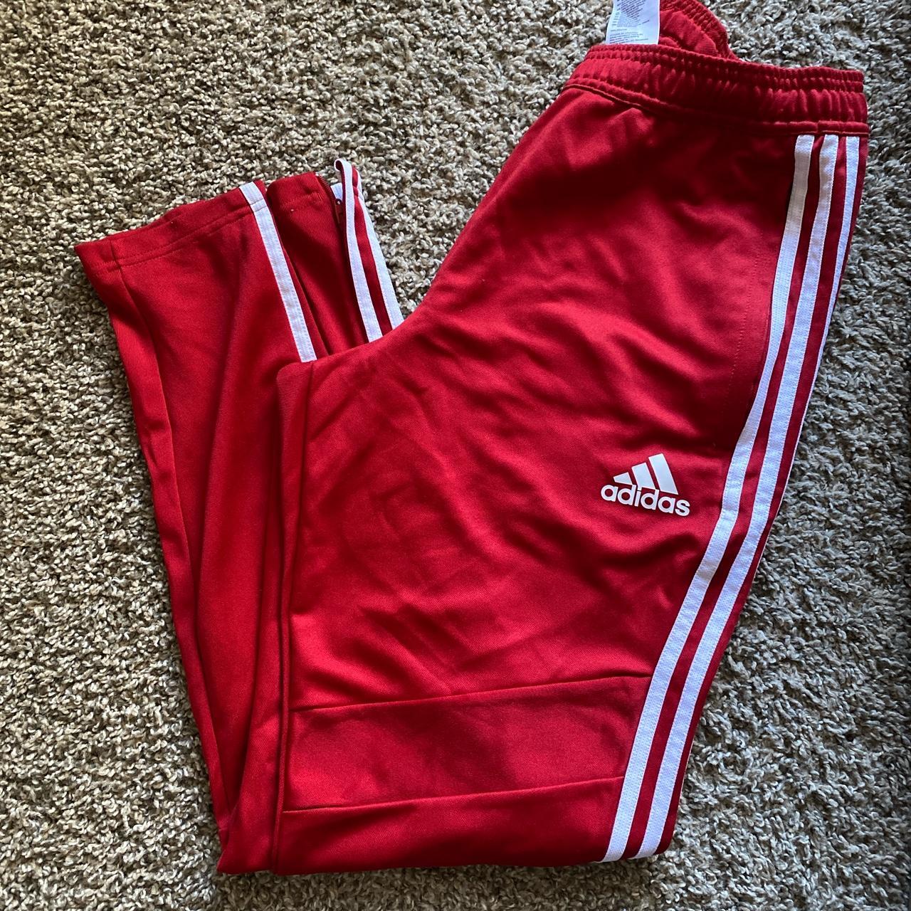 Red & White Adidas Pants | Zippered at the ankles |... - Depop