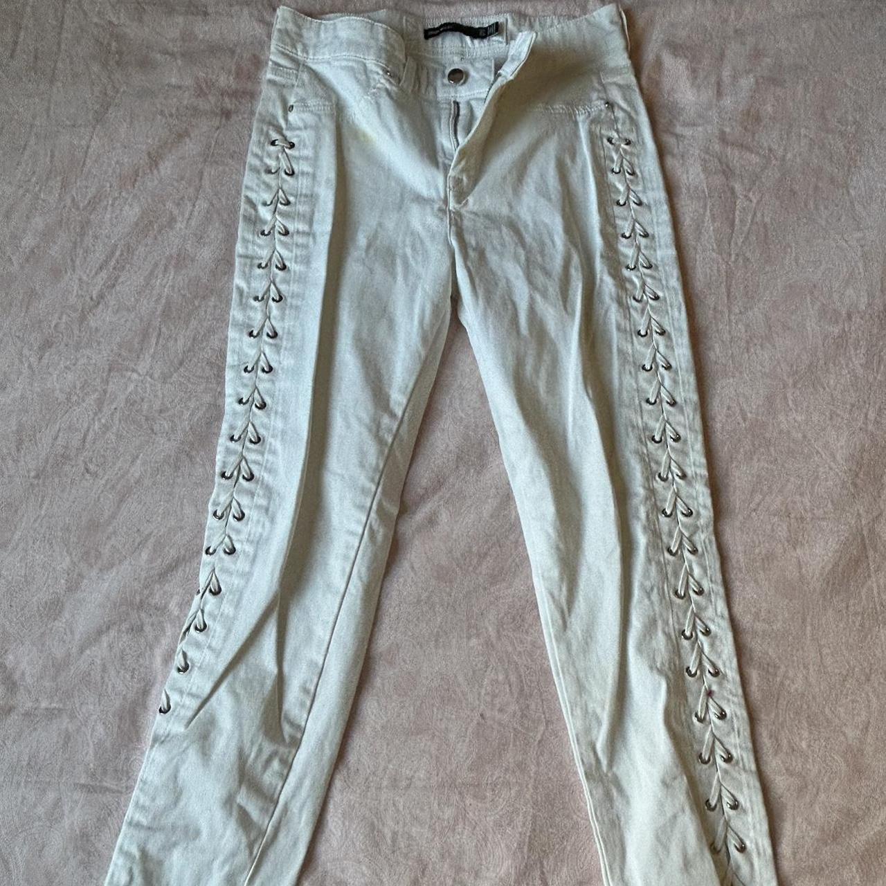 karen millen white lace up jeans y2k (minor stain... - Depop