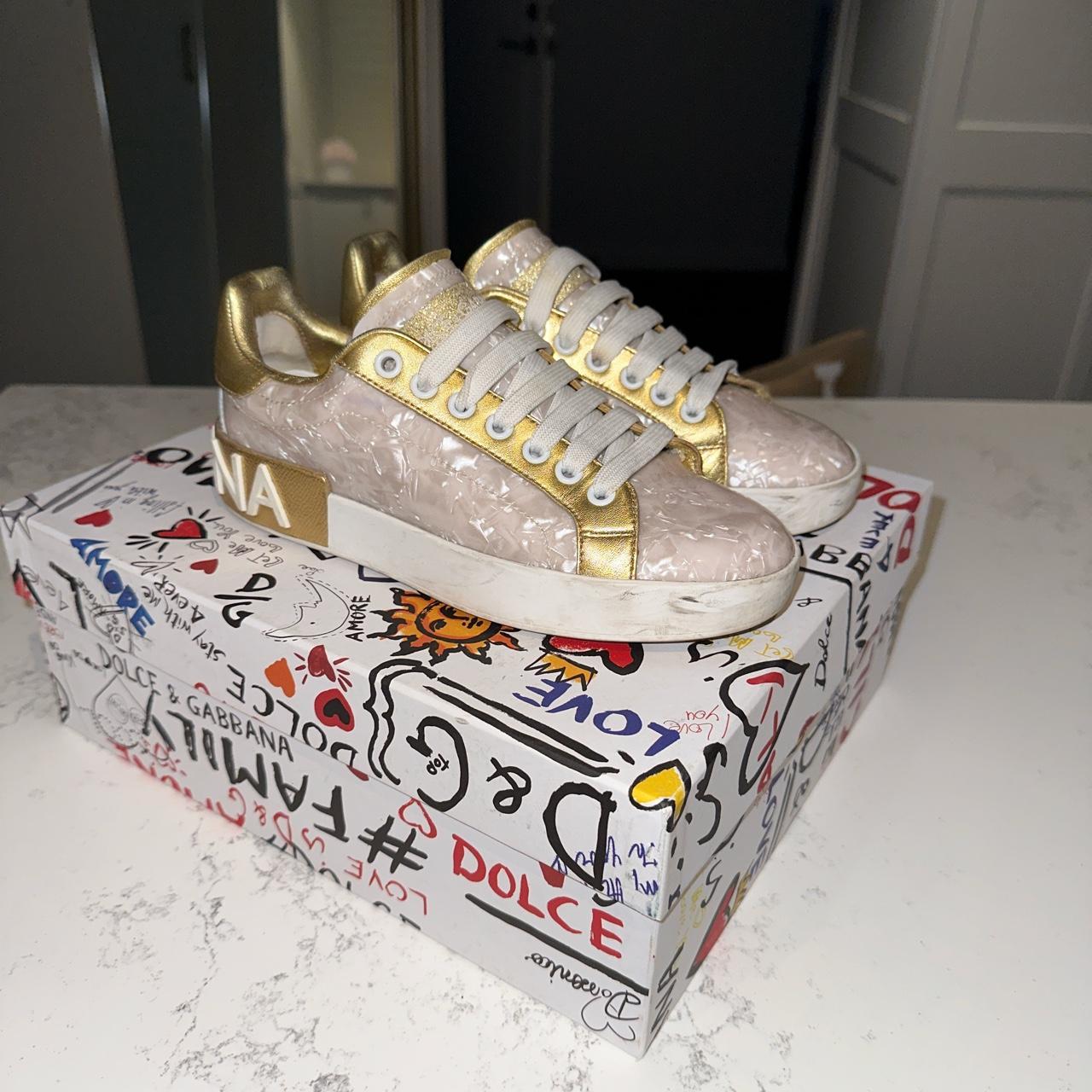 Dolce Gabbana Sneakers Used White and gold. Depop