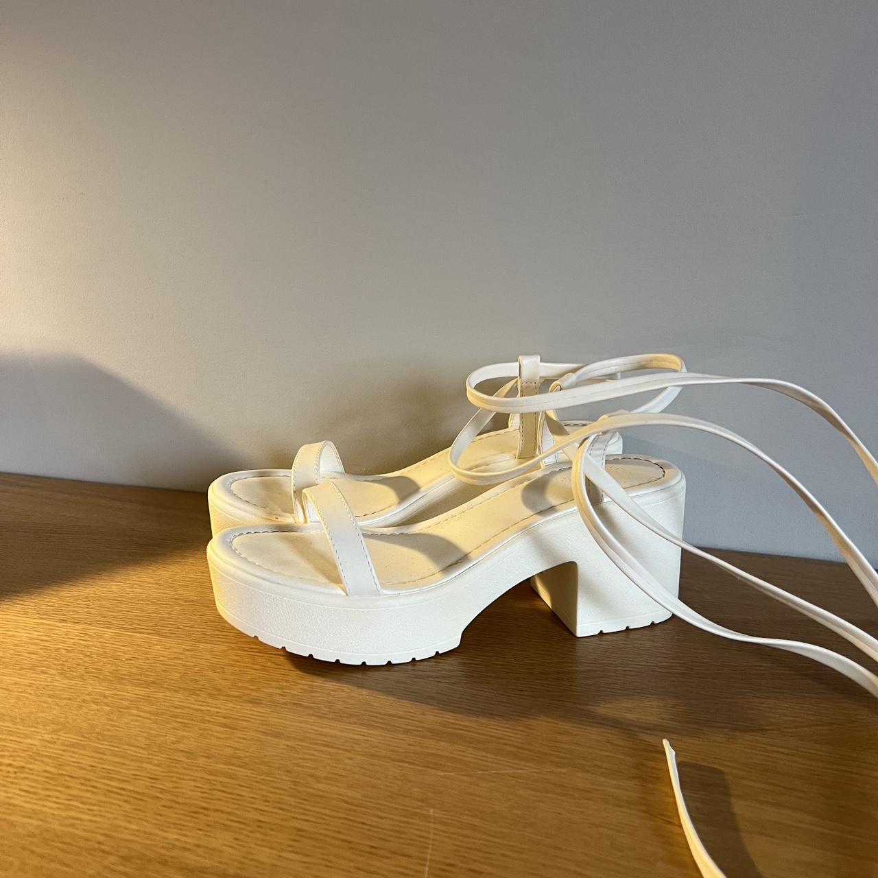 White wedged tie up sandals in shoe size 4 from... - Depop