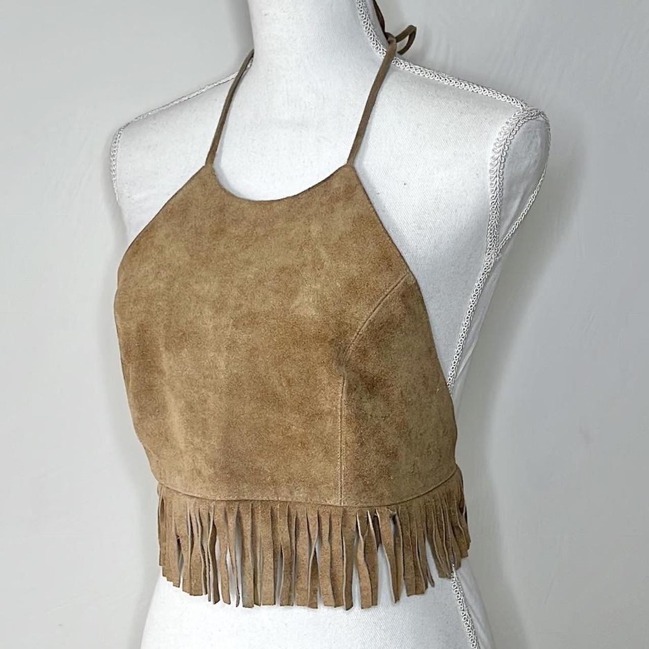 TAN good LEATHER FRINGE HALTER TOP.