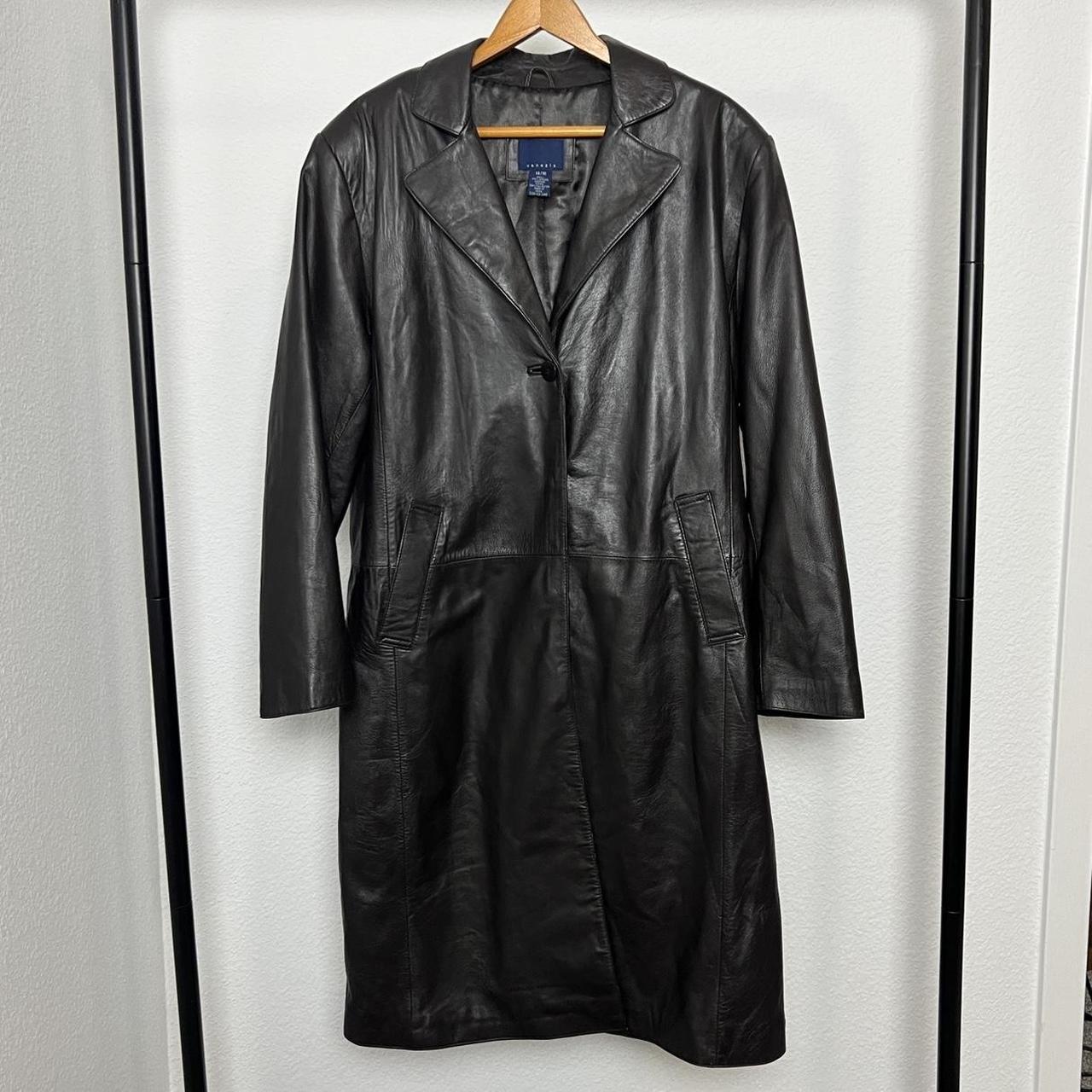 Black/Brown Leather Trench Coat by Venezia Mid... - Depop