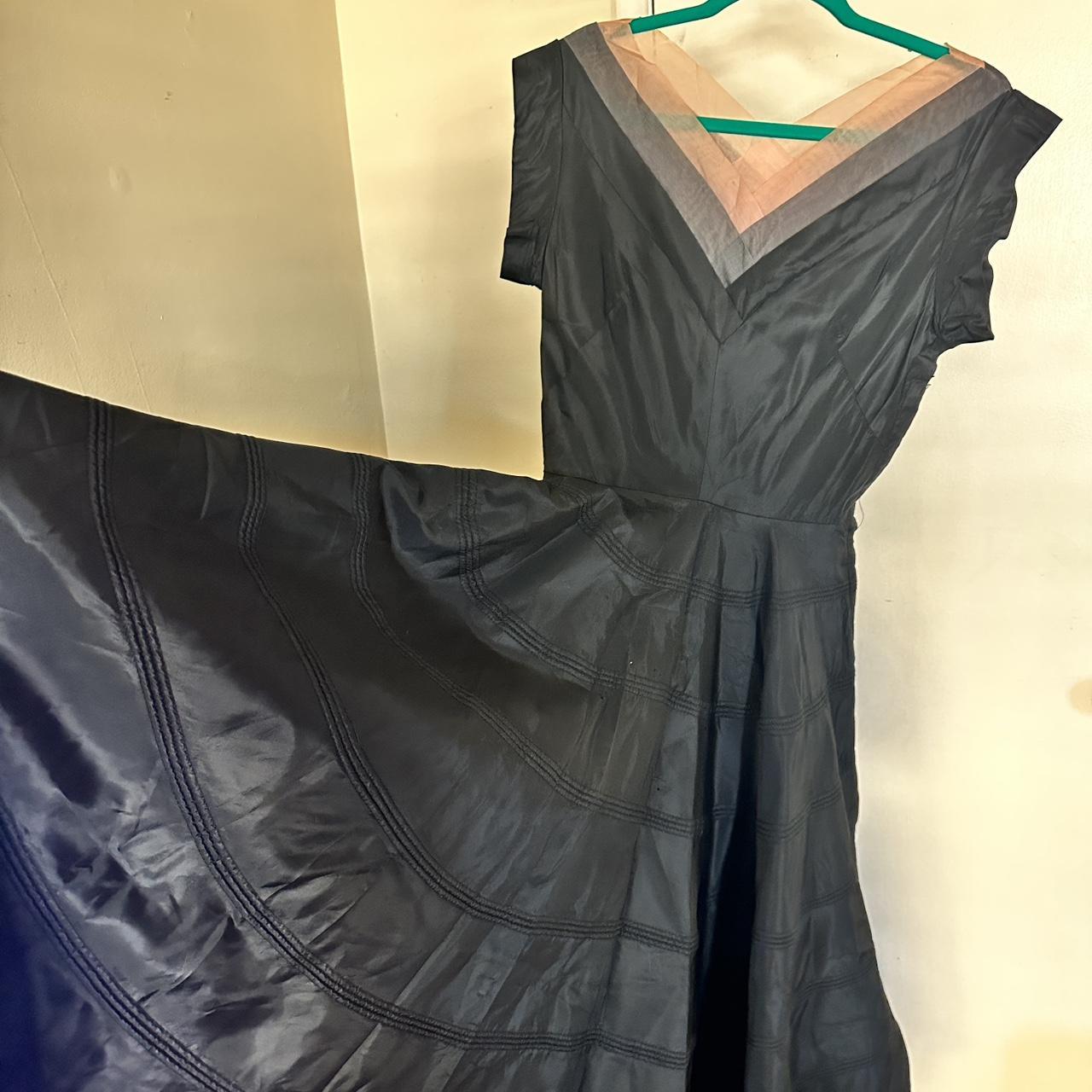 Vintage 1950s Black Silk Taffeta Cocktail Dress With Pink Silk