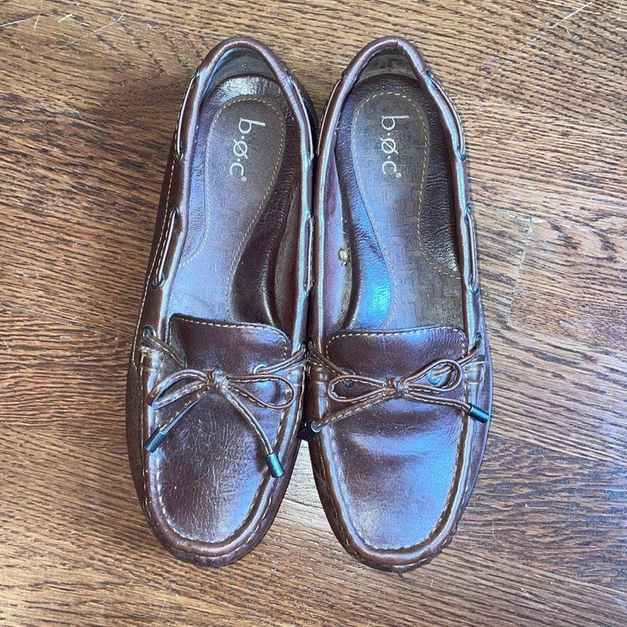 Boc brown leather slip on loafers/flats with bow on... - Depop