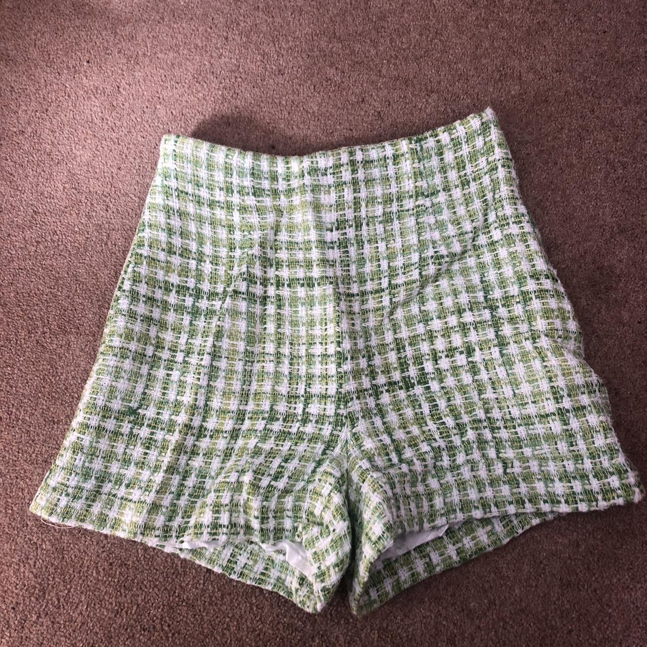 Zara green and white tweed shorts with side zip... - Depop