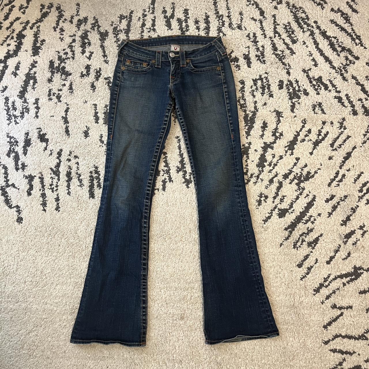 TRUE RELIGION lowrise dark wash flare jeans with red... - Depop