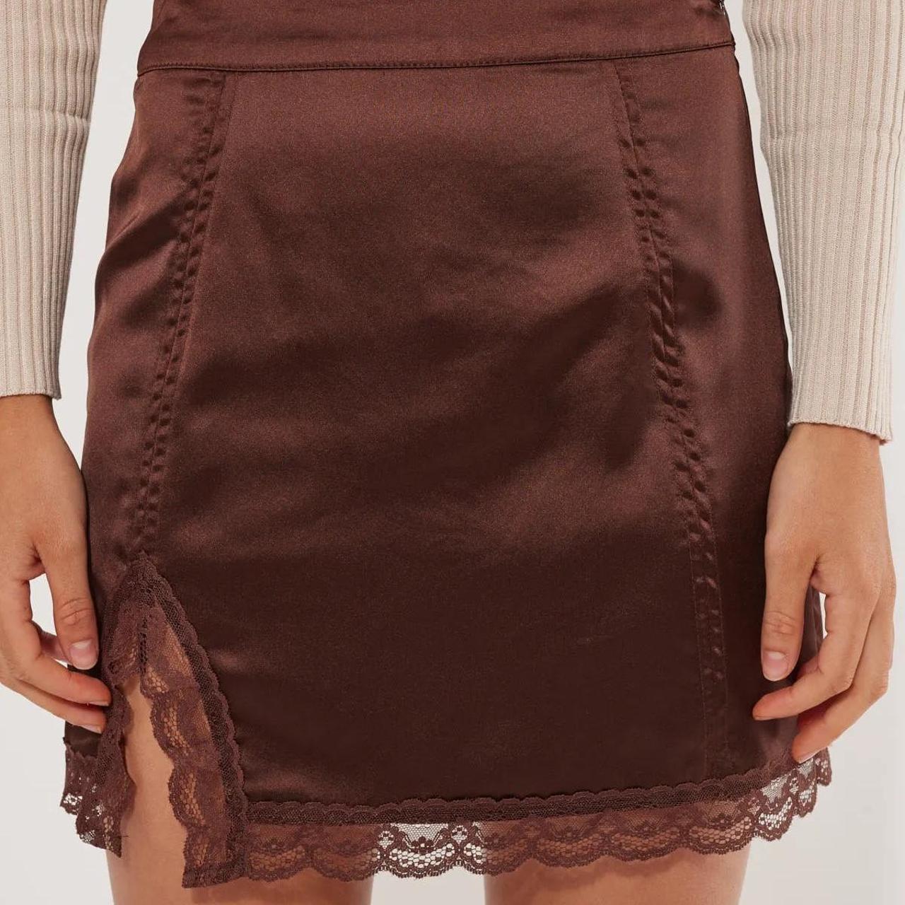 ◆TOOMUCHTAX◆ LACE SATIN MINI SKIRT BROWN Luck & Trouble Satin Lace Mini Skirt Brown Worn | Depop