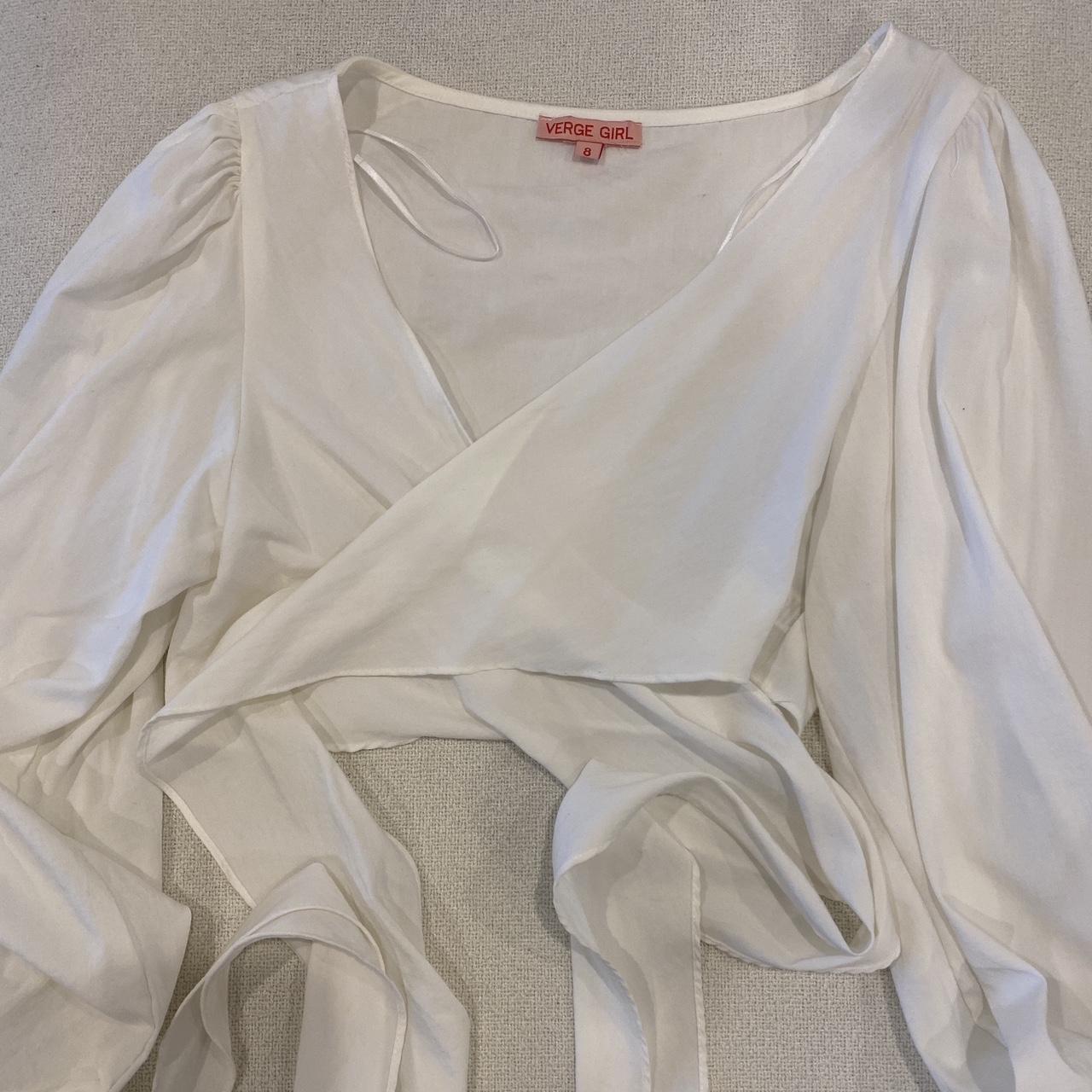 Verge girl white wrap around long sleeve top Size 8 - Depop