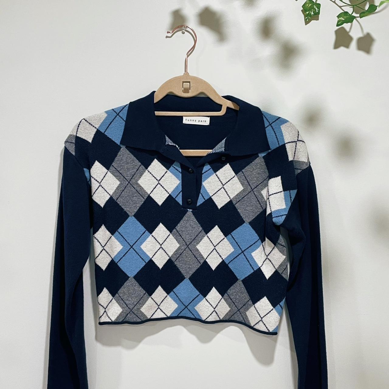 Dark Blue Argyle Pattern Cropped Boxy Collared Long...