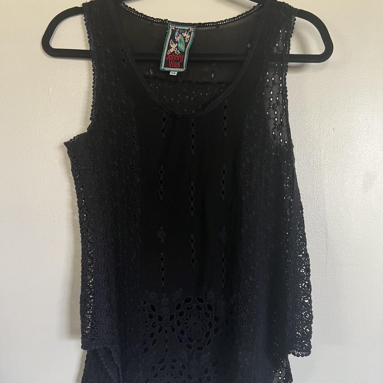 Johnny Was black and navy eyelet tank top. Women's... - Depop