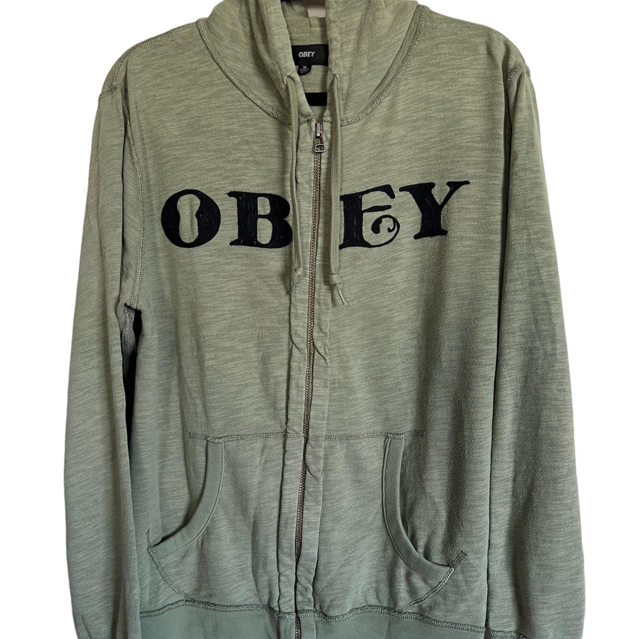 Obey green zip up jacket with embroidered black... Depop