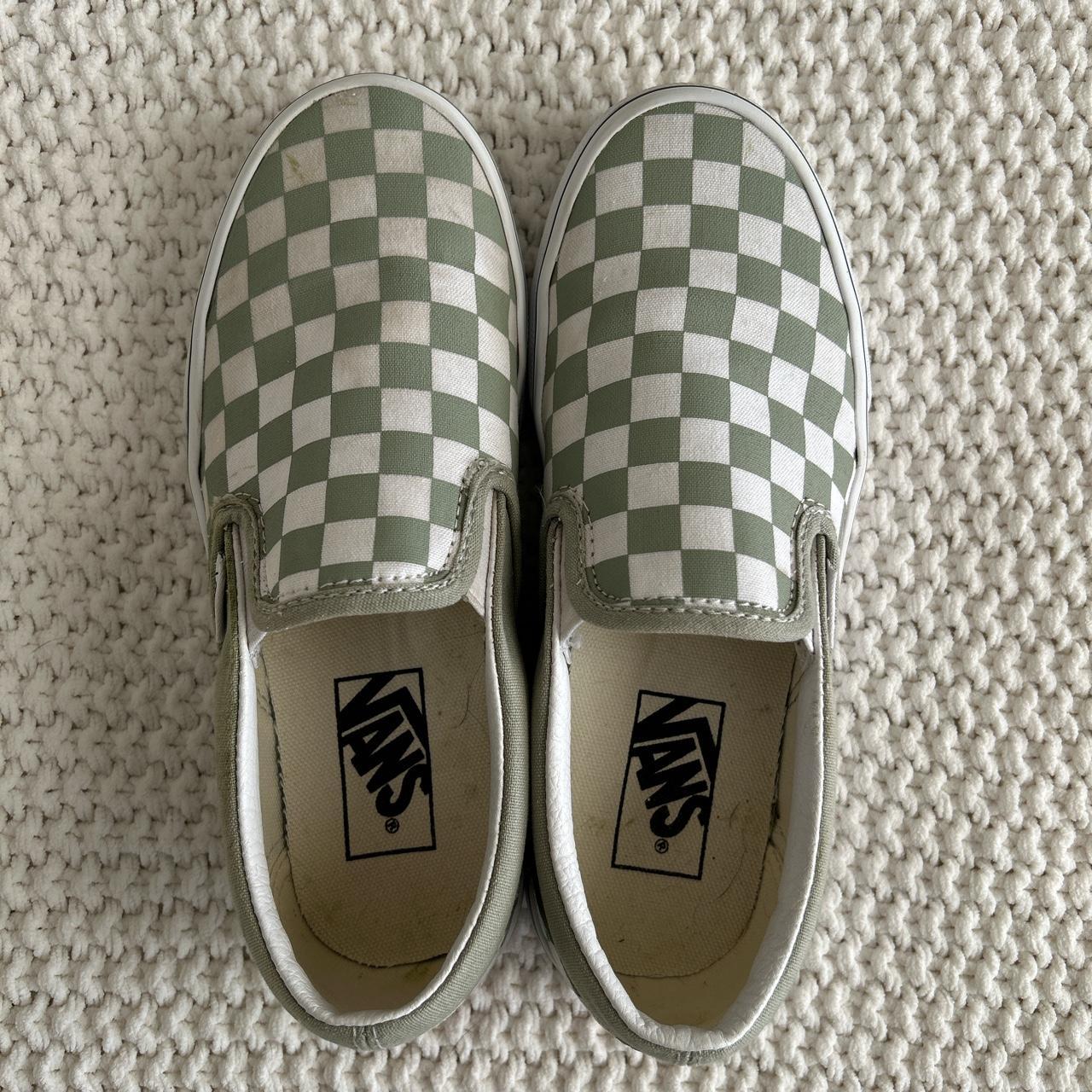 Sage green and white checkered slip-on Vans, size 6.... - Depop