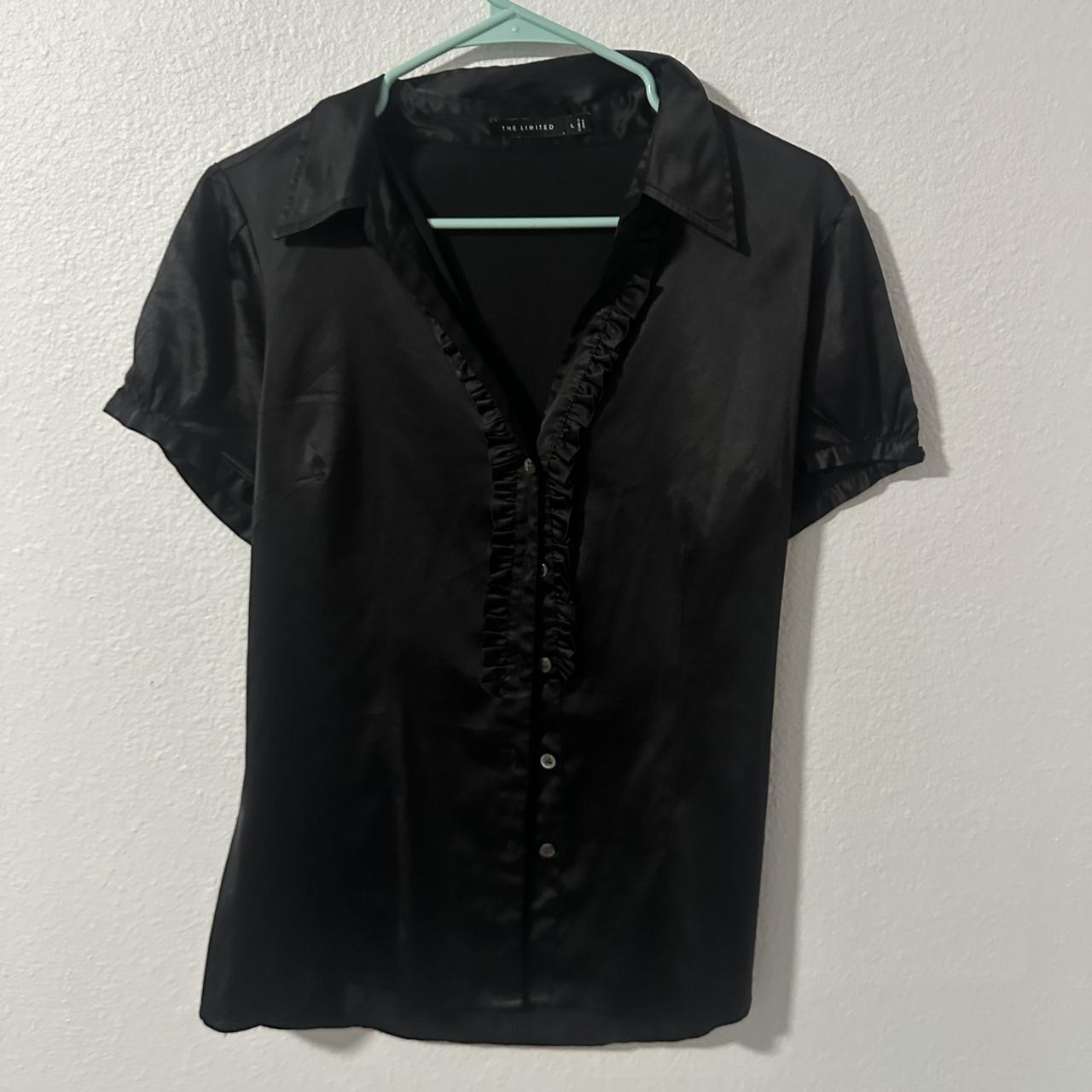 Black, silk like blouse Frill detailing Size... - Depop