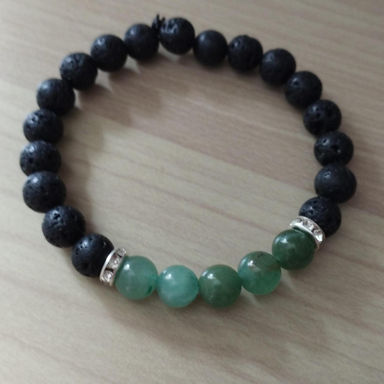 Lava stone and green aventurine bead elasticated... - Depop