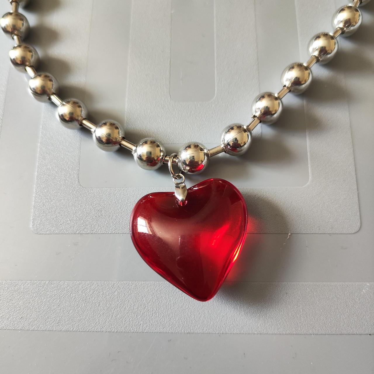 Silver ball chain necklace large red heart pendant... - Depop