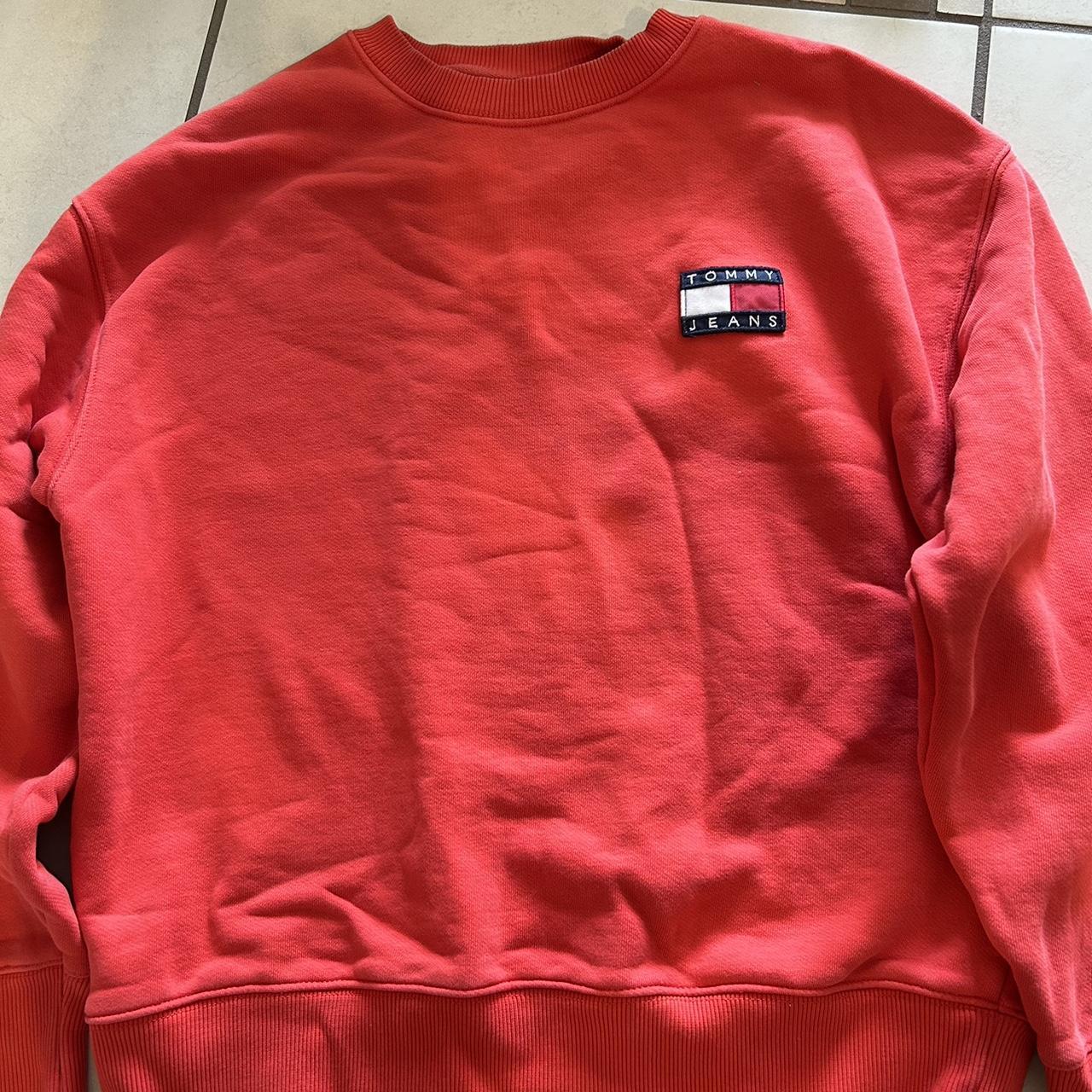 red tommy hilfiger crew neck, in good condition tiny... - Depop