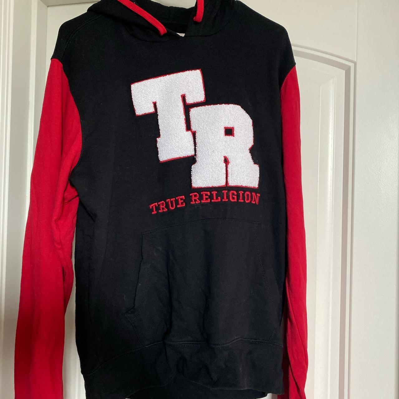 True Religion Men's Black and Red Hoodie Depop