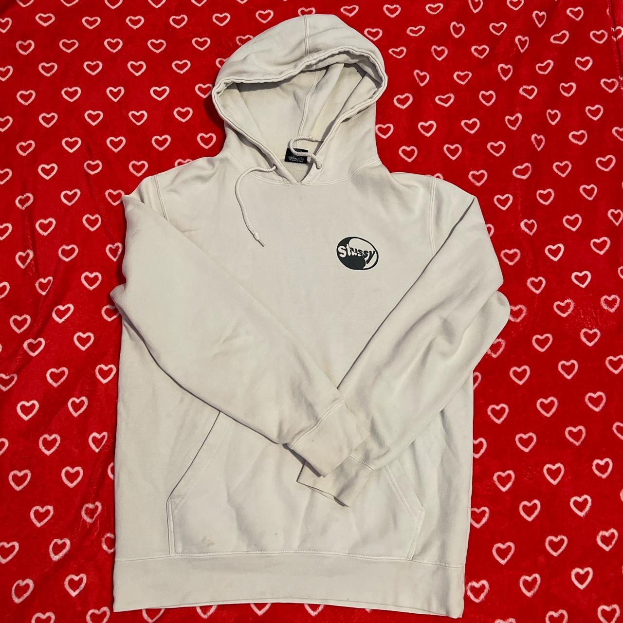 Stüssy Men's Cream and Black Hoodie Depop