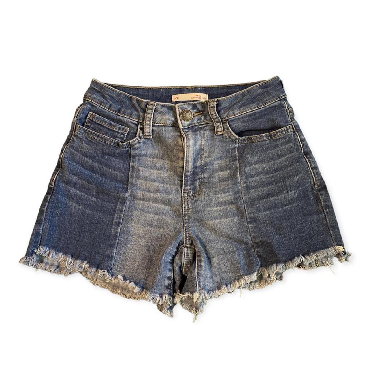 two tone high rise curvy midi jean denim shorts... - Depop