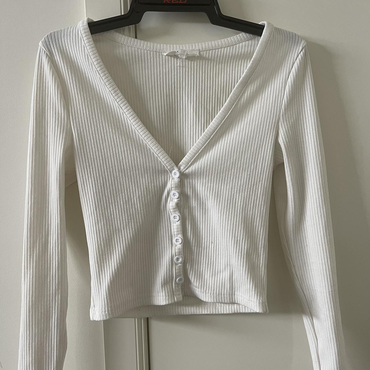 white ribbed button-up sweater - v-neck style -... - Depop