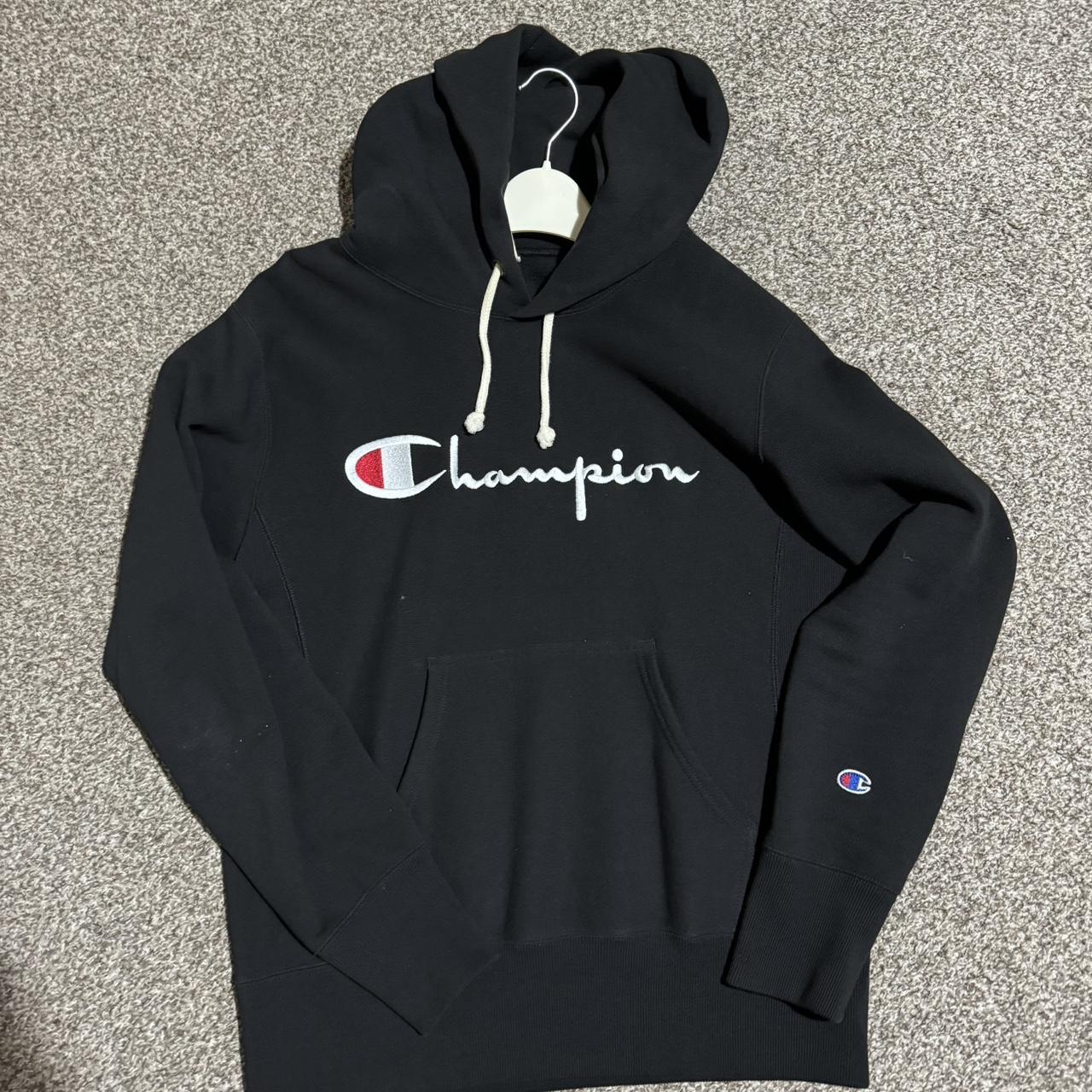 Black champion script hoodie hotsell