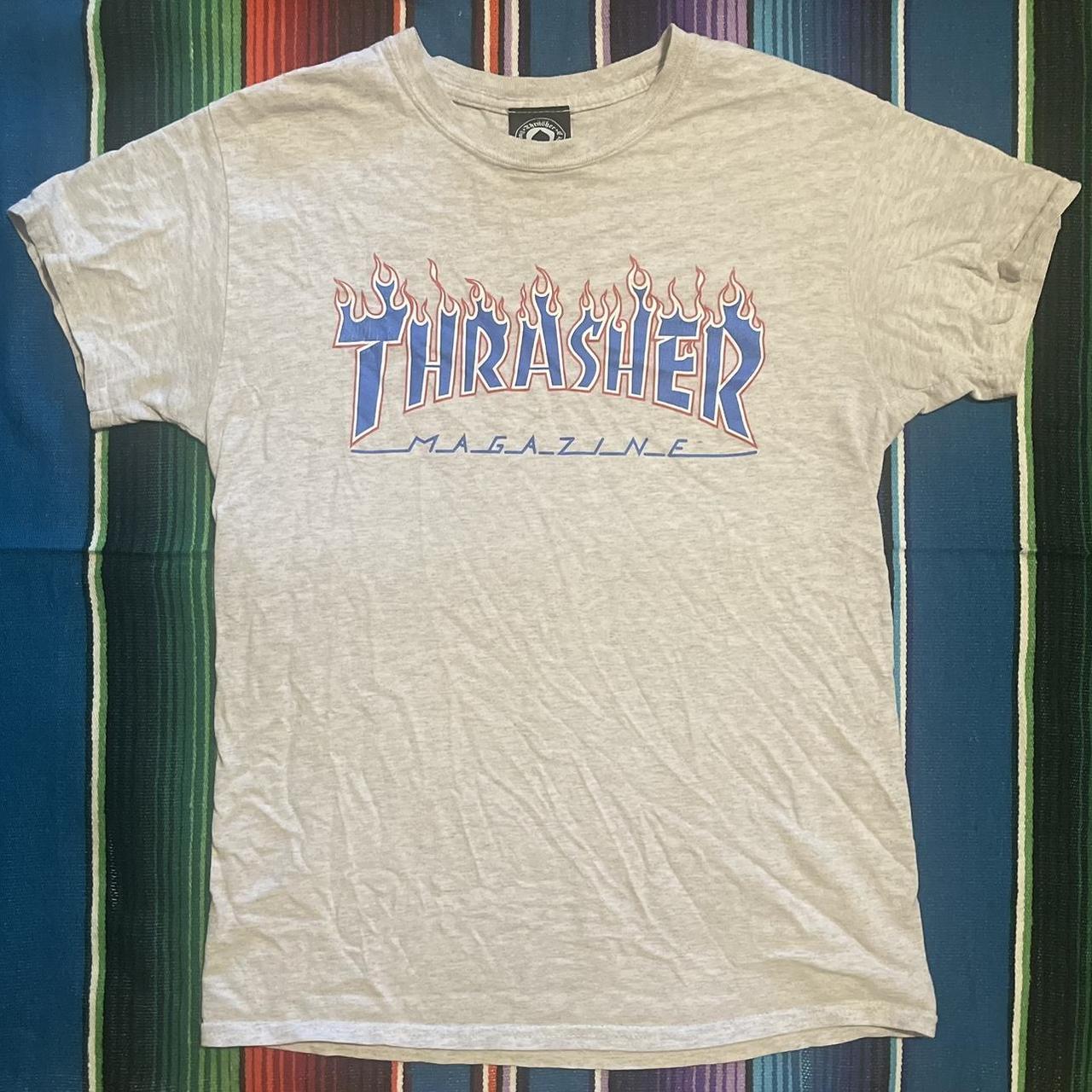 Blue and red thrasher shirt best sale