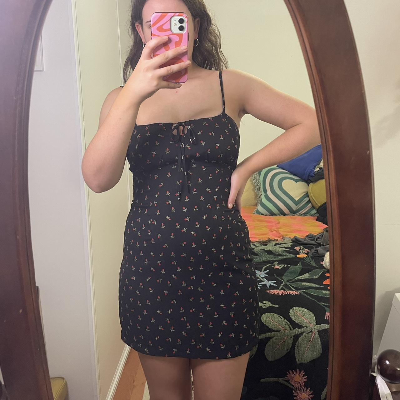 Black floral mini dress with red floral pattern, tie... - Depop
