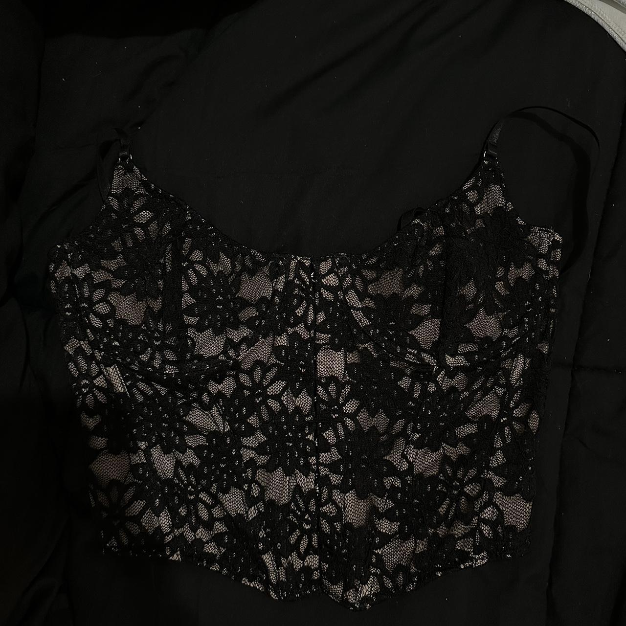 Floral black and mesh corset like crop top Bought... Depop