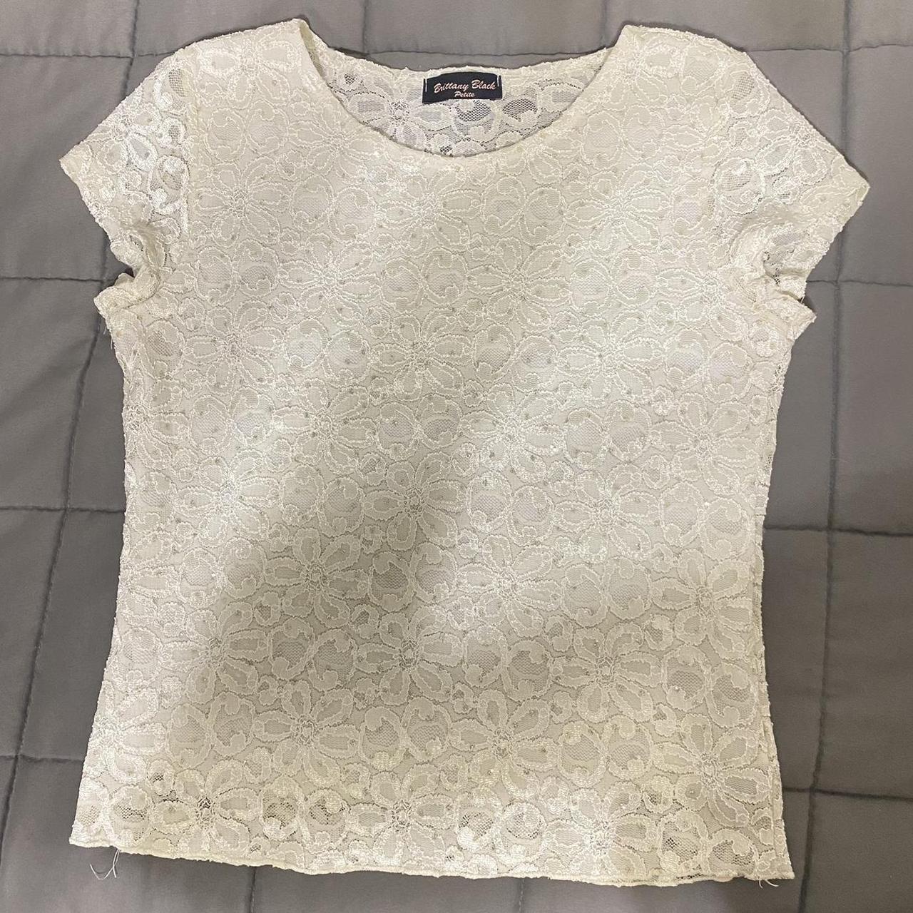 white brittany black petite floral lace shirt fits a... - Depop