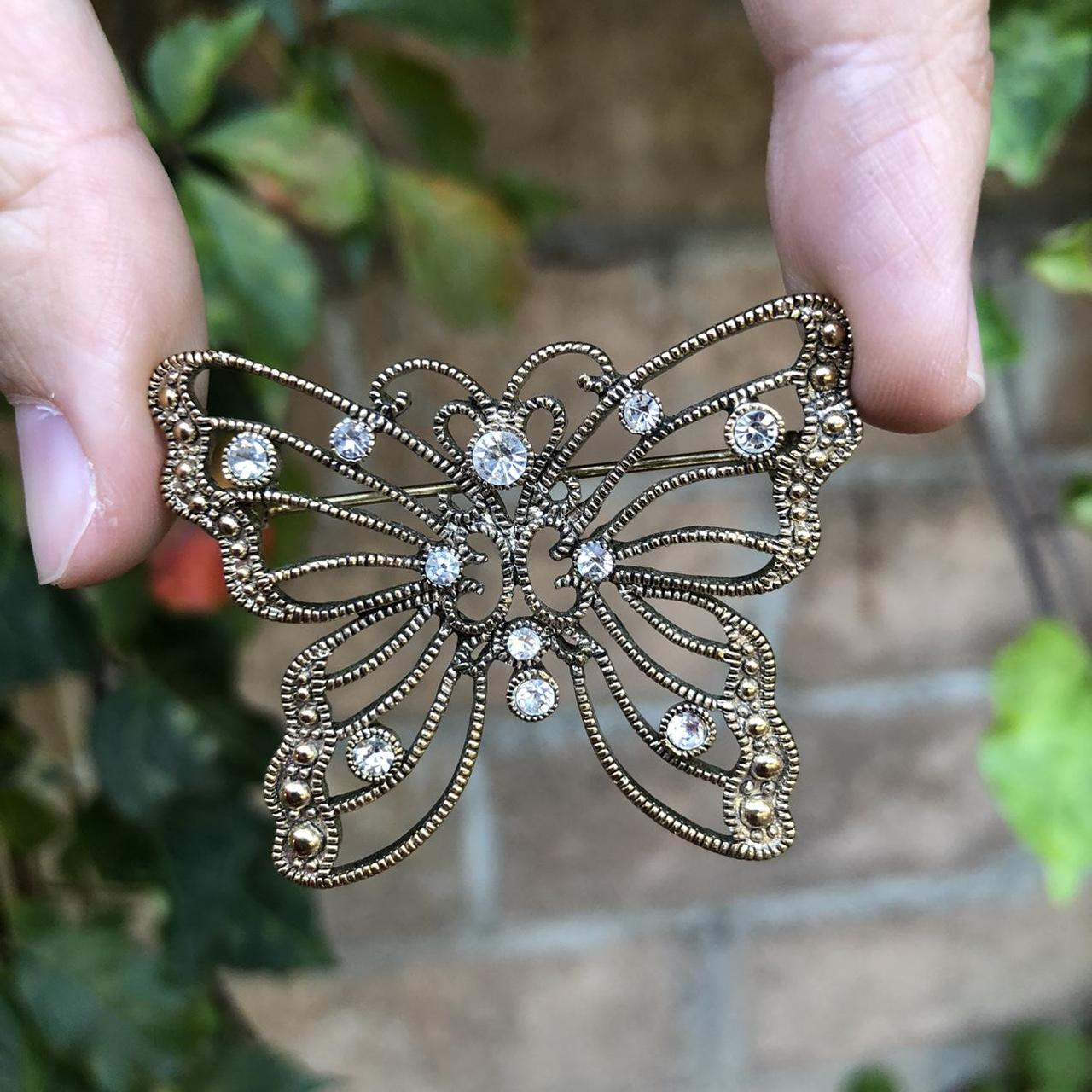 2 Vintage Butterfly Pins with Rhinestones Red - Depop