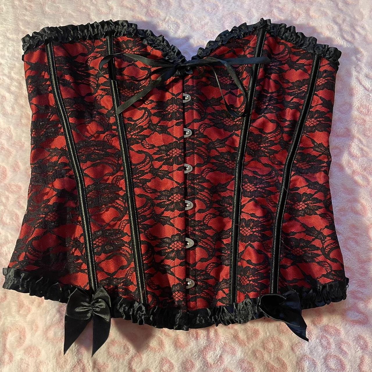 Red and Black lace corset with bow detailing size:... - Depop