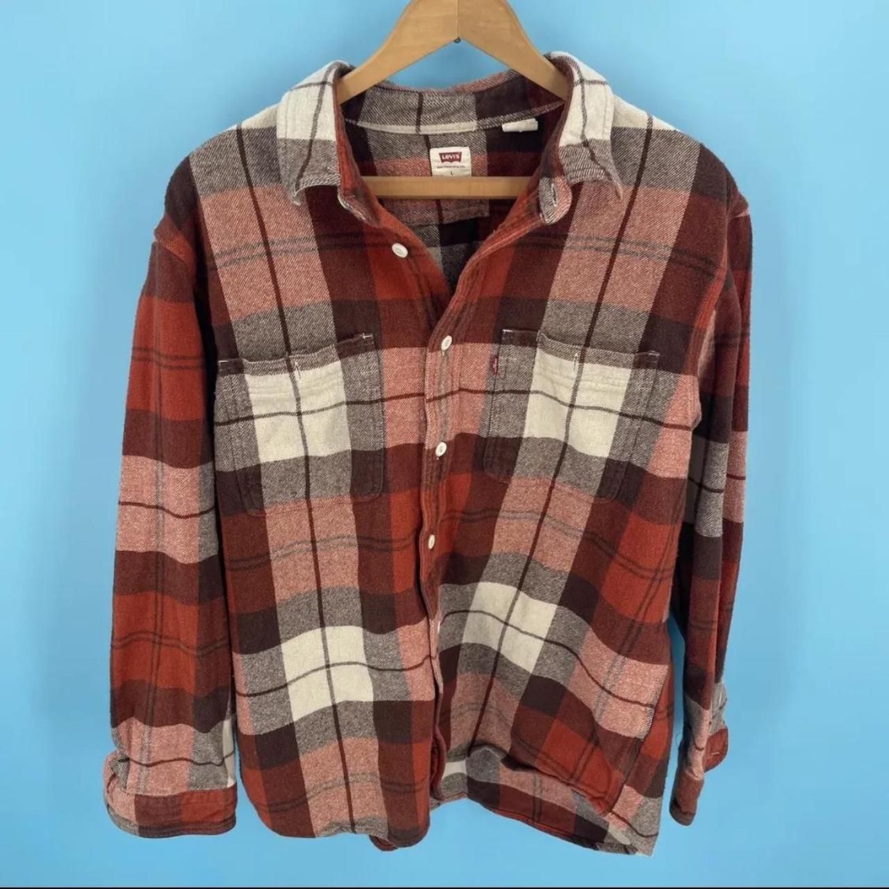 Levis Mens Size L Brown Orange Red Plaid Long Sleeve... - Depop