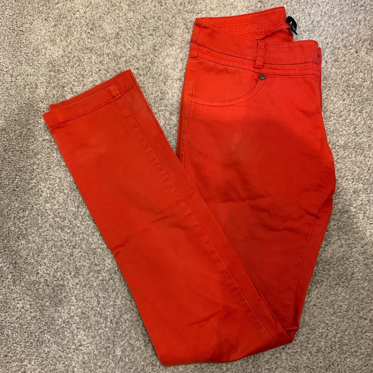 Bright red emo skinny fit jeans from H&M fits to... Depop
