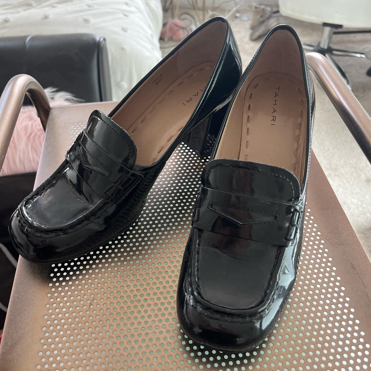 Black heeled penny loafers glossy