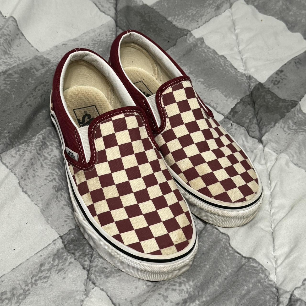 Burgundy checkered slip on vans sale