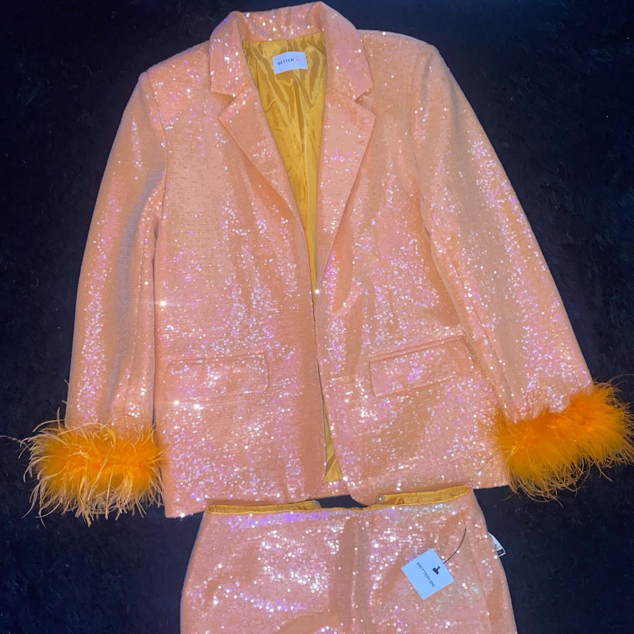 Sequin blazer and skirt set with feather accents... - Depop