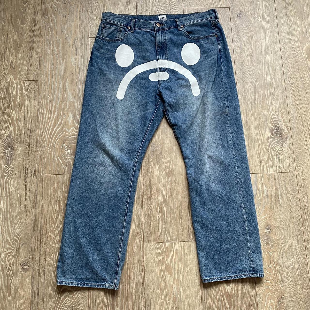 Authentic bape bathing ape sad face denim jeans... - Depop