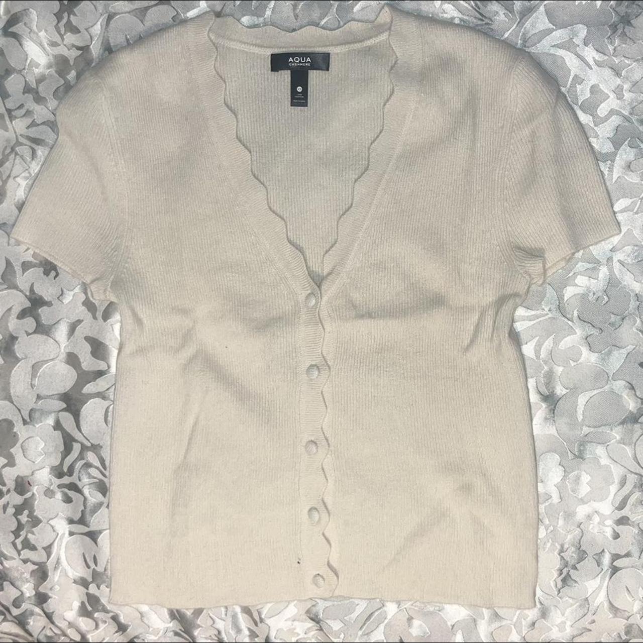 white aqua short sleeve cardigan, never worn - Depop