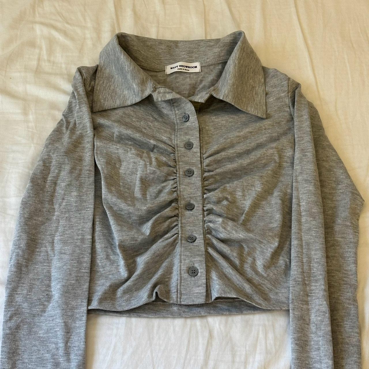 korean brand gray collared button up scrunched top... - Depop
