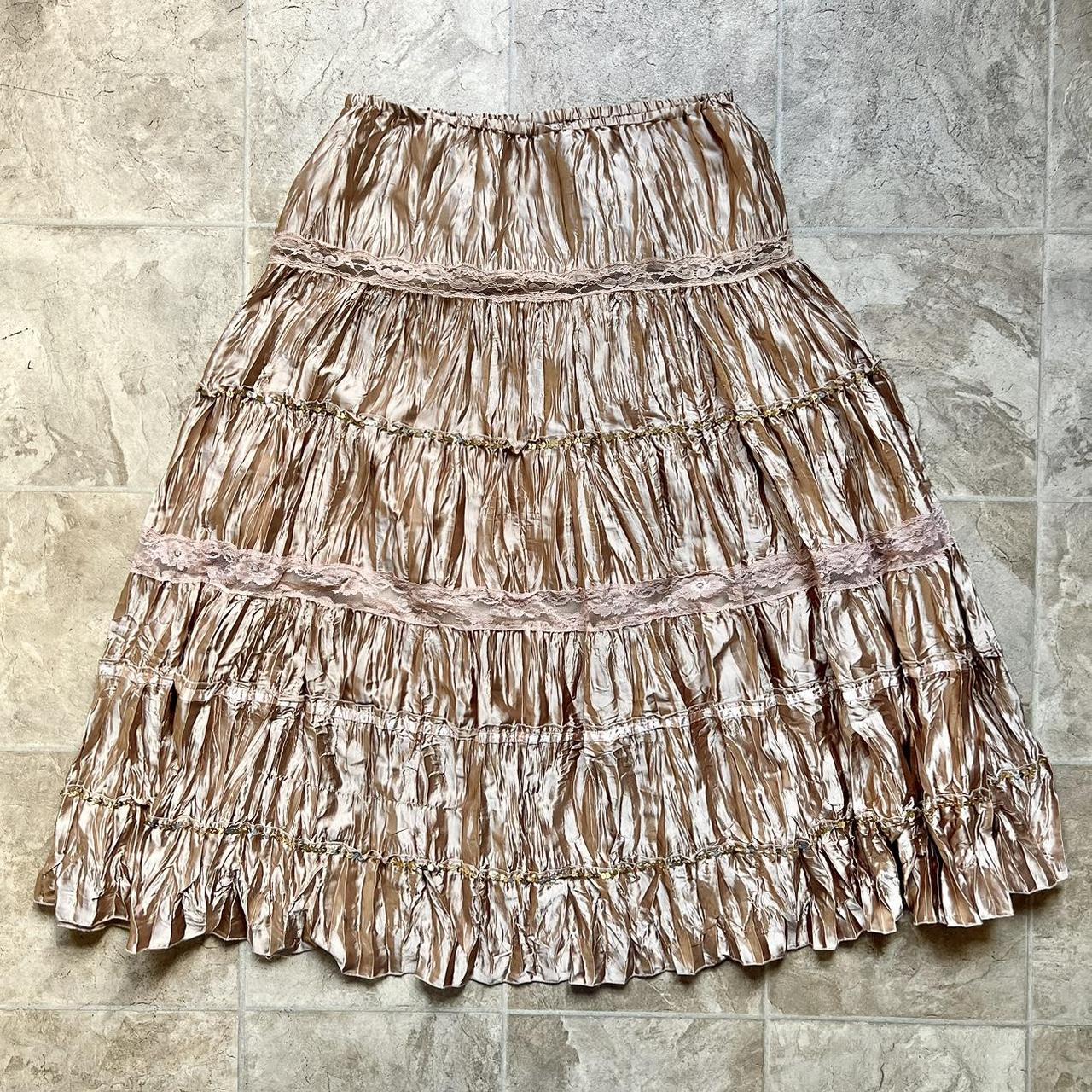 Vintage Fairycore Gold Tiered Maxi Skirt with Lace... - Depop