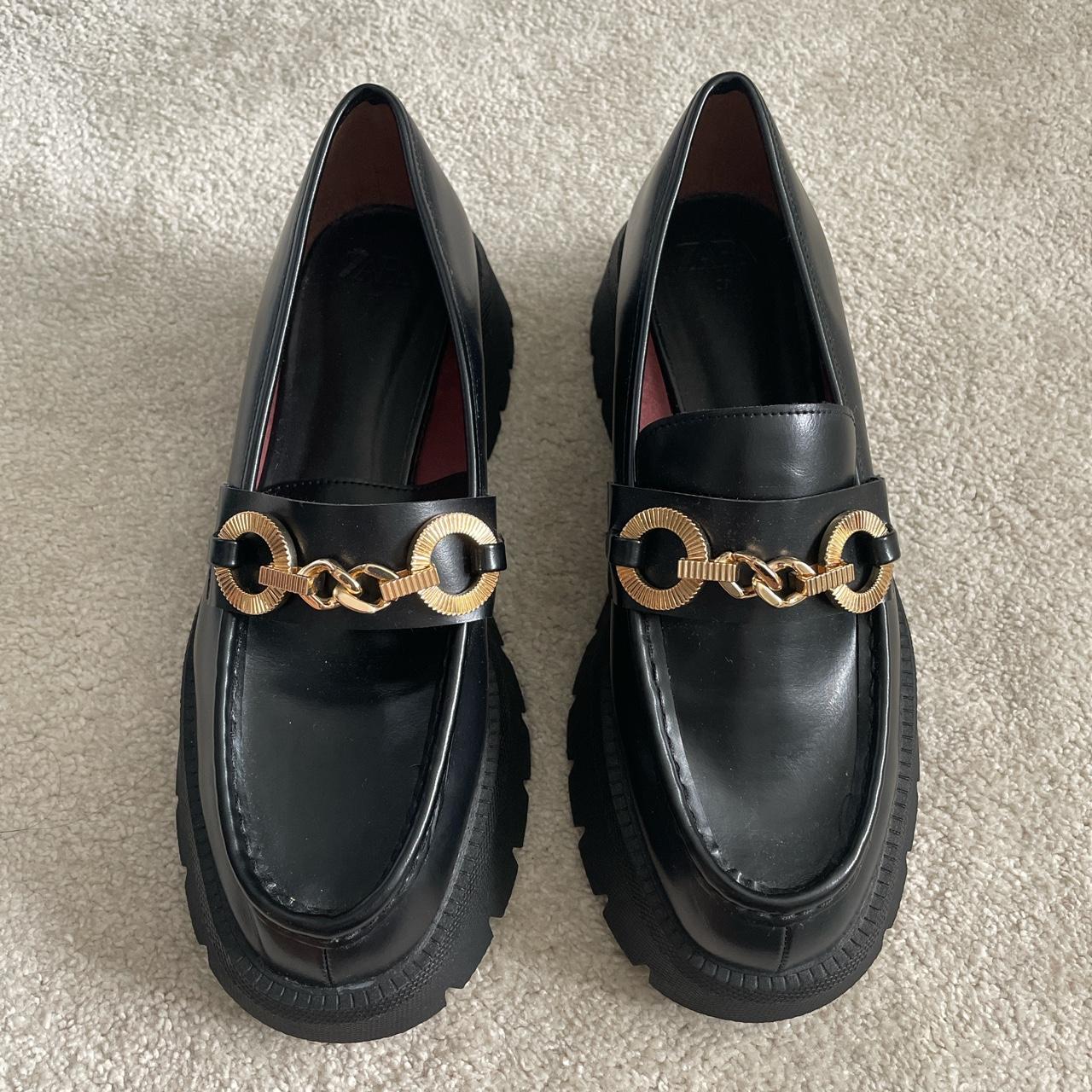 Womens black loafers sales with gold buckle