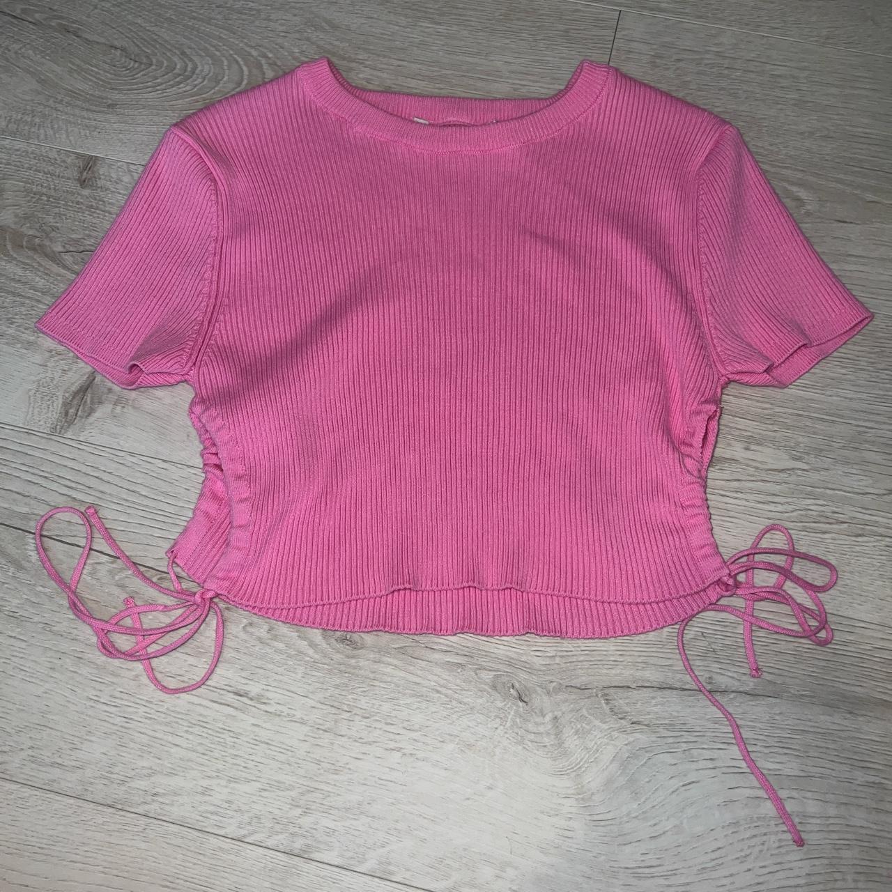 Pink Zara knitted ribbed crop top with side detail.... Depop