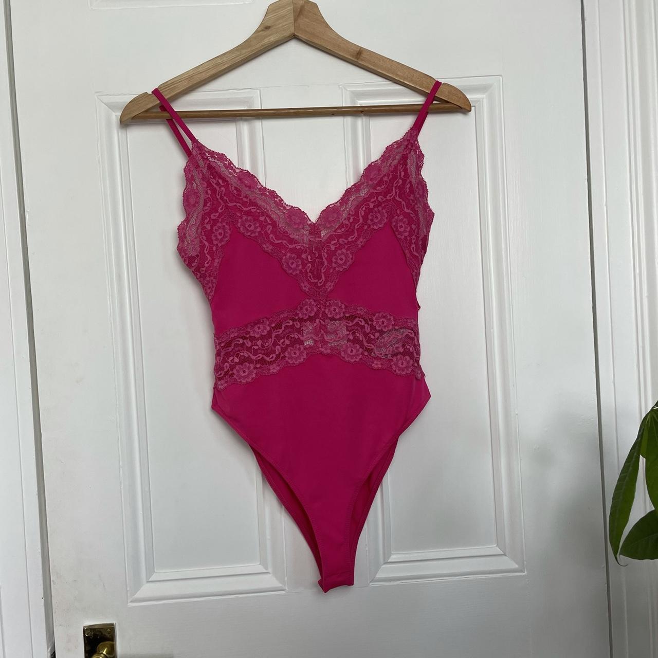 Fuchsia hot pink bodysuit too with lace from Zara... - Depop