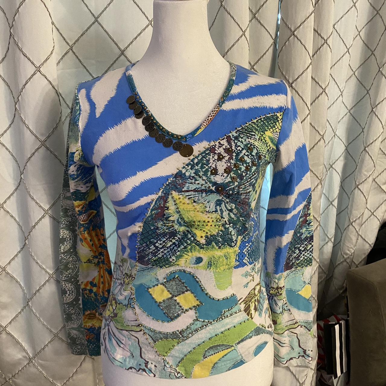 y2k save the queen patterned top with jingle detail... - Depop