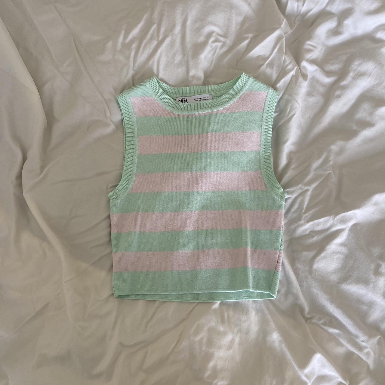 Mint green and pink striped knit vest #zara Depop