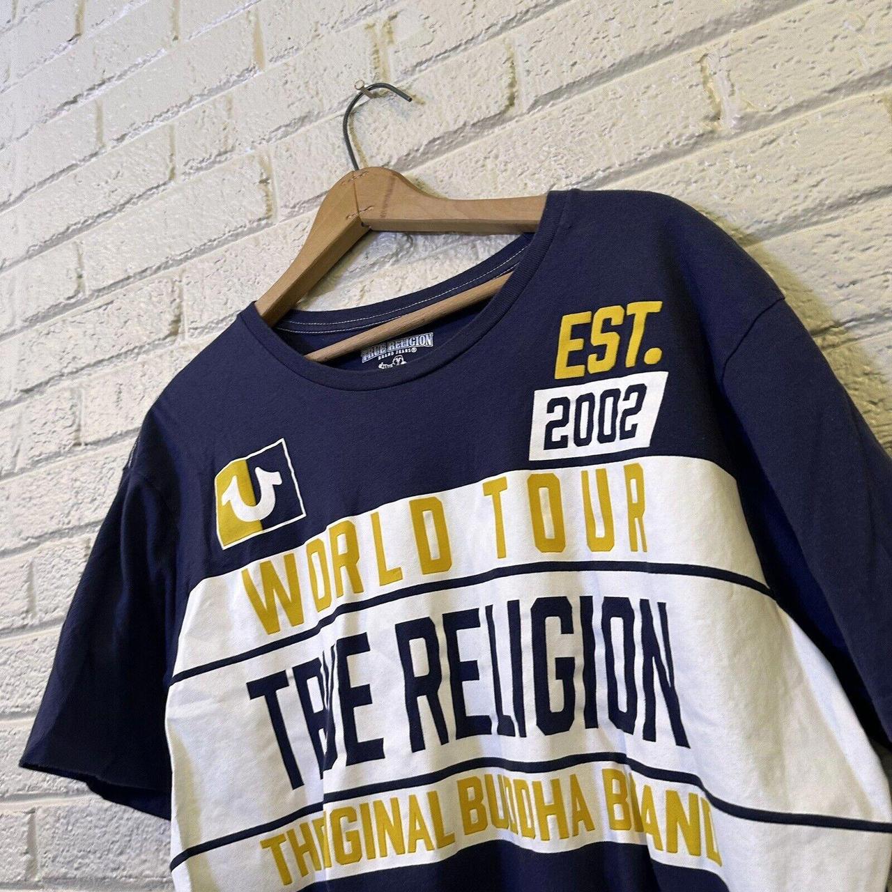 blue and yellow true religion shirt