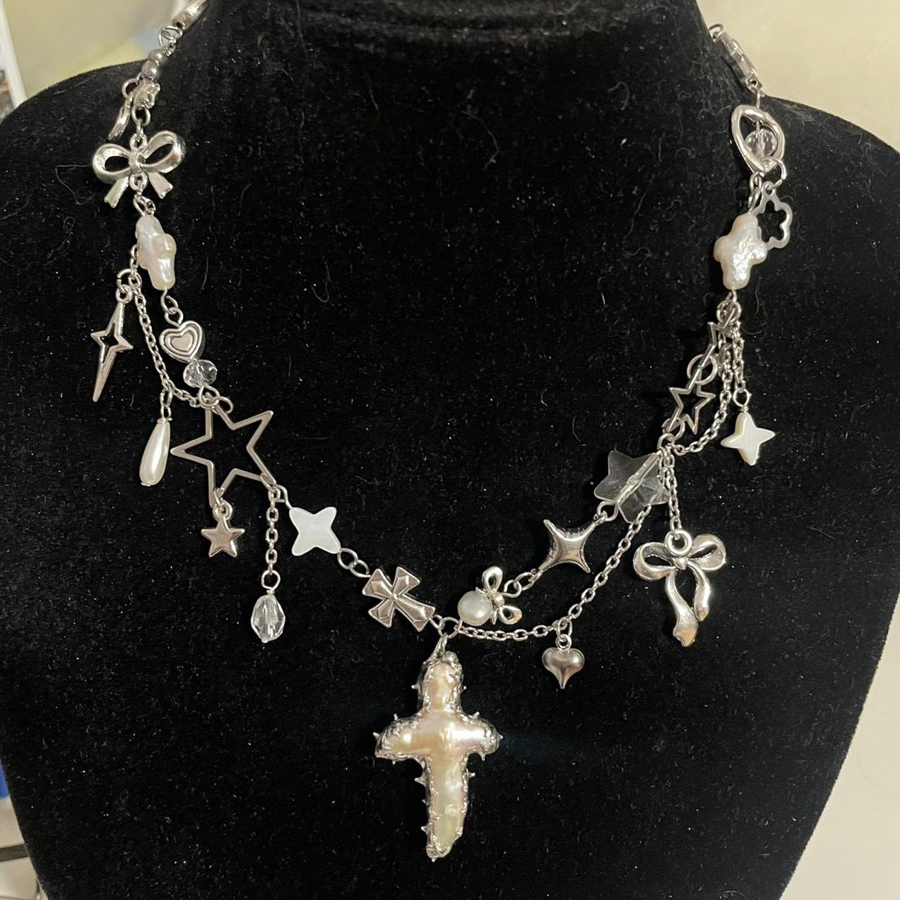 Cross pendant pearl necklace handmade by me 15-17 - Depop