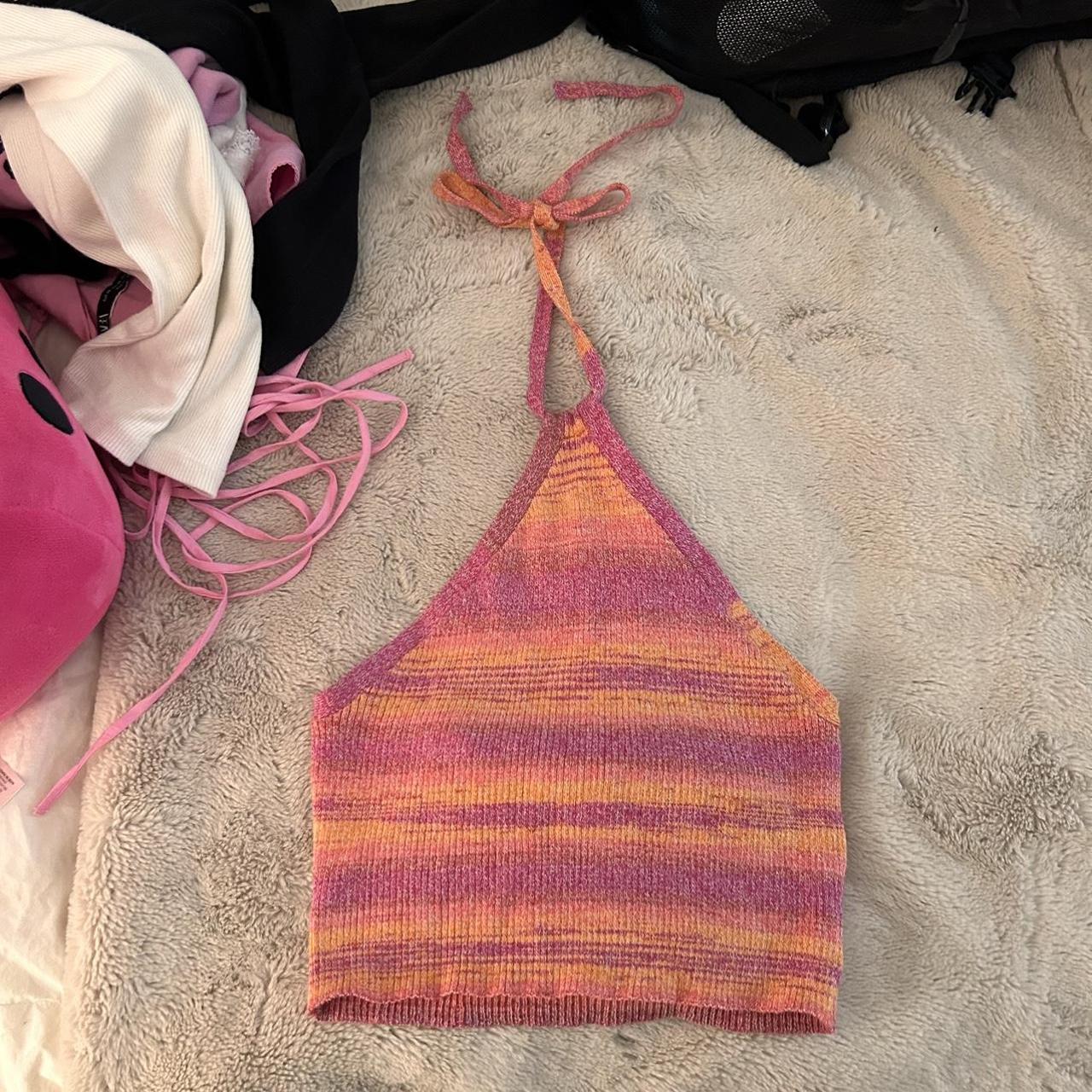 Pink & Orange striped, ribbed, knitted tie halter... - Depop