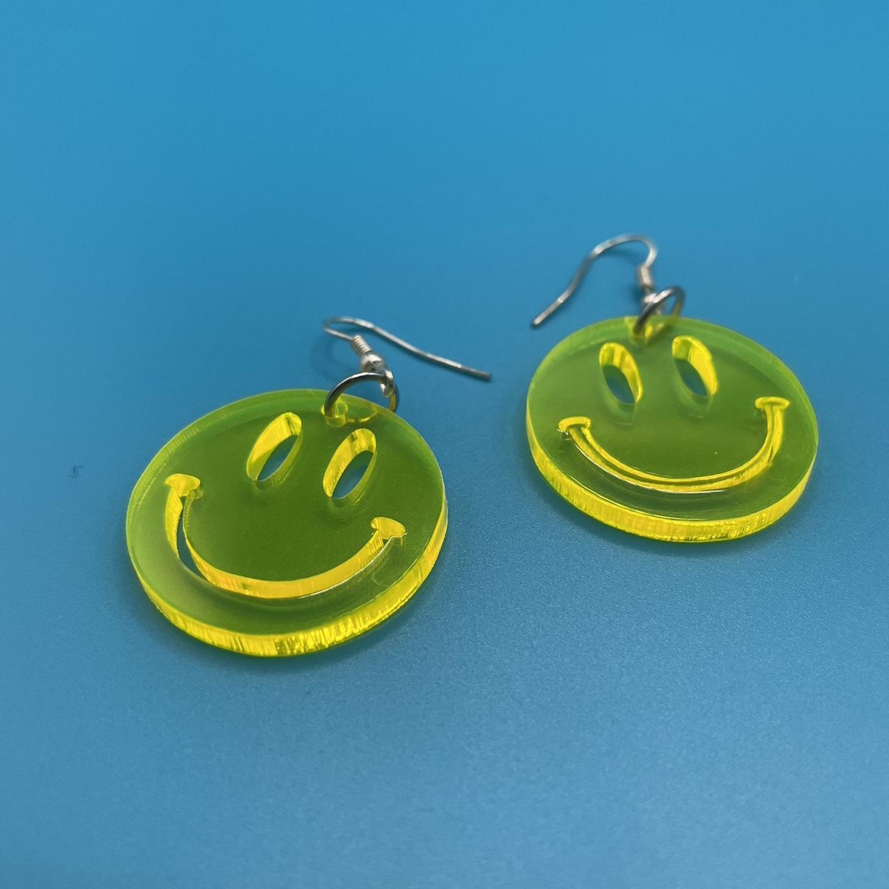 Neon yellow acrylic smiley face earrings with silver... Depop
