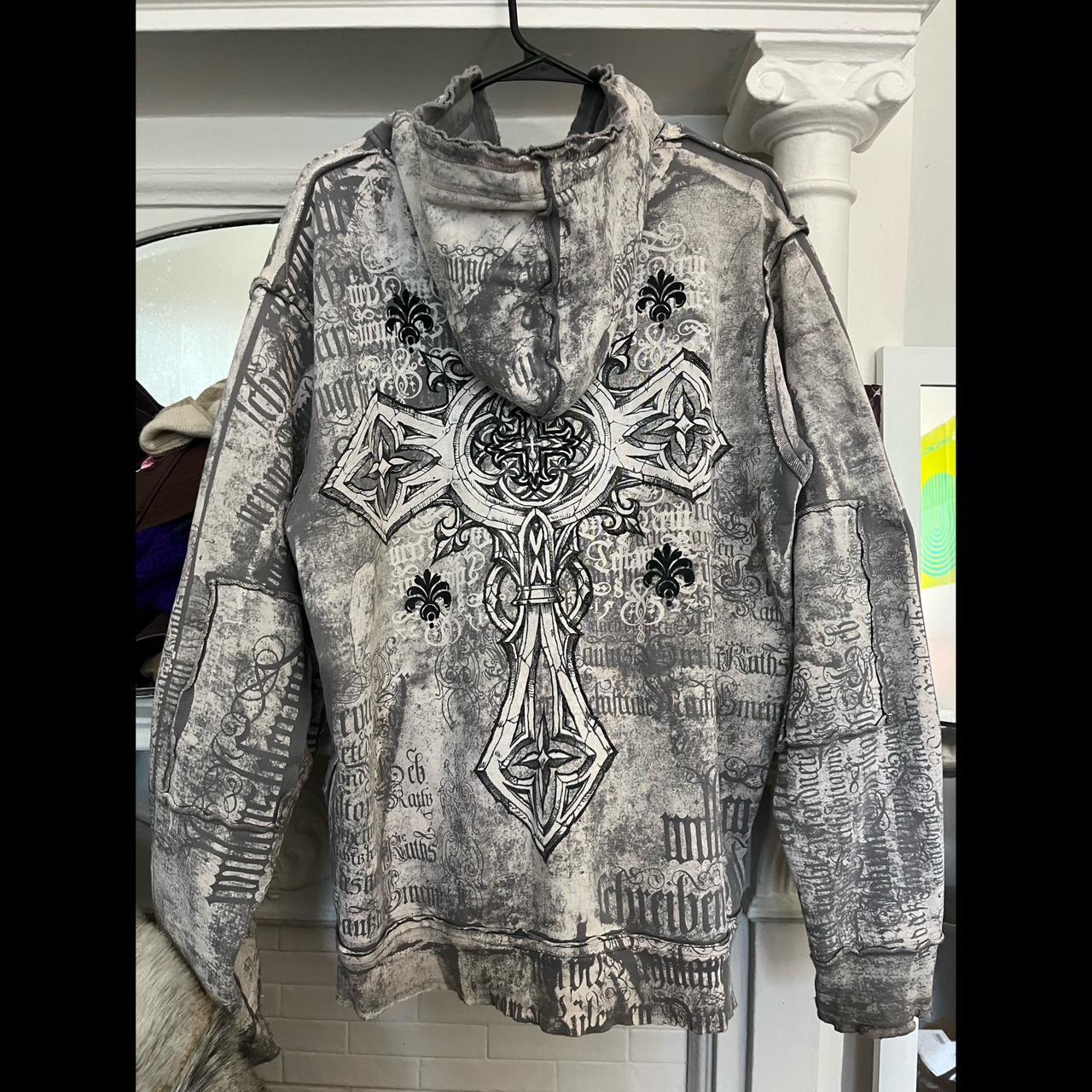 Affliction Men's Grey and Black Hoodie | Depop